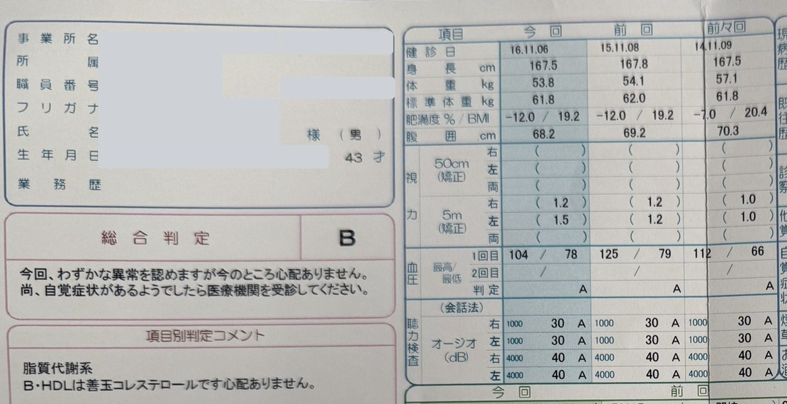2016年11月の健診票。総合判定B、理由はHDLの1項目