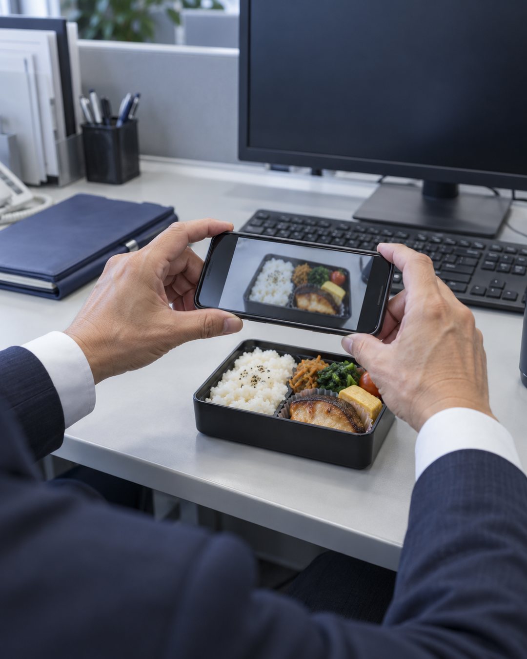 オフィスの机で、昼の弁当をスマホで撮る50代の男性の手元